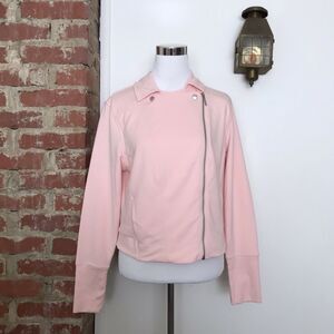 H Halston French Terry Motorcycle Jacket Pink Ribbed Moto Zip QVC Womens Size 14